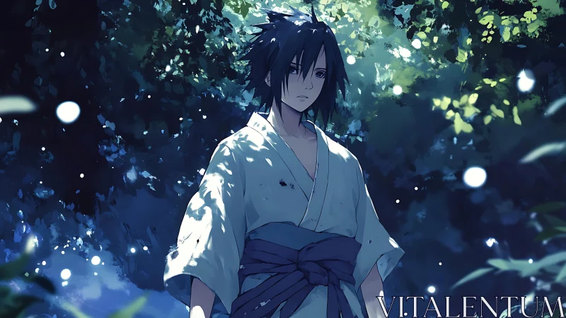 Brooding anime boy standing in blue lit forest clearing.