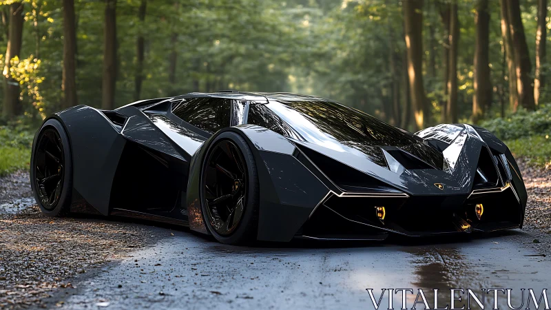 Futuristic black concept supercar is parked on a forest road