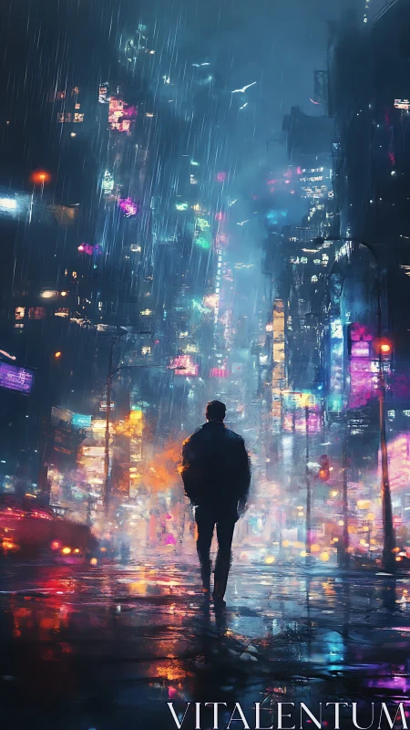 Lone drifter walks rainlit neon canyons of the sleepless city.