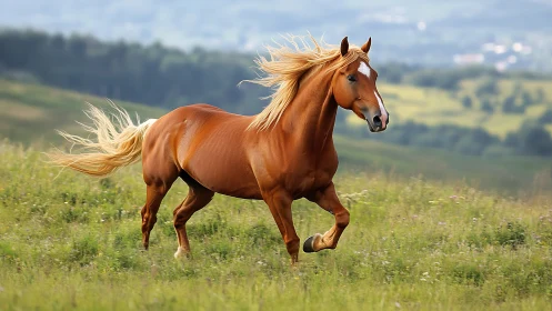 Chestnut horse running across green open hillside field.