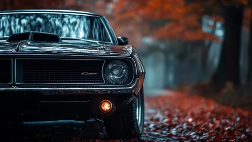Moody photoreal muscle car close-up in autumn forest symmetry.