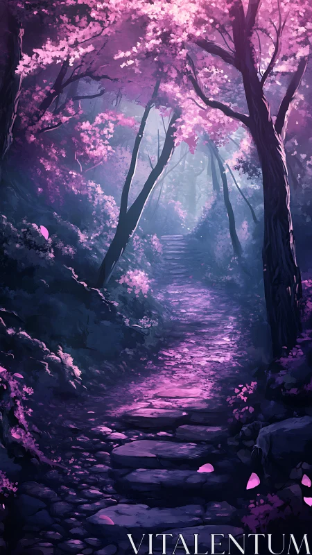Enchanted Forest Path Through Glowing Pink Blossoms