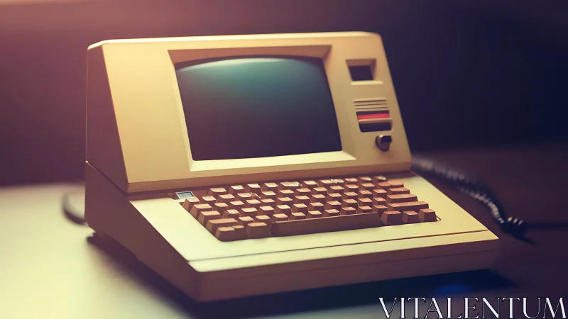 Vintage desktop computer terminal sits on dark wooden desk
