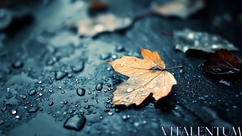 Brown maple leaf with raindrops lies on wet dark surface