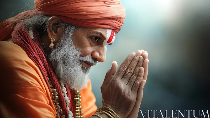 Elderly man in orange robes with folded hands in profile.
