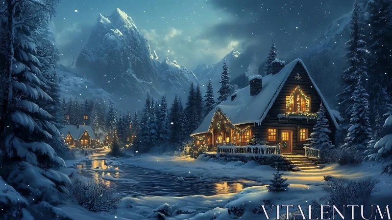 Snowy alpine cabin glows with warm festive lights.