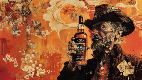 Cowboy whiskey portrait against vivid orange florals.