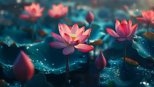 Digital lotus flowers over teal water with dewdrops at dusk.