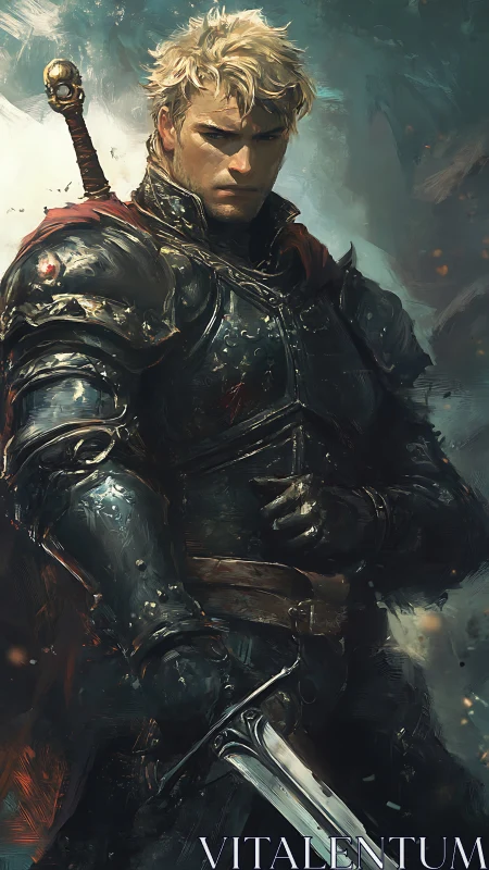 Brooding blonde knight ignites storm-lit battlefield resolve.