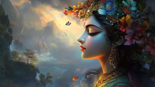 Divine floral goddess in glowing mystical sunrise profile.