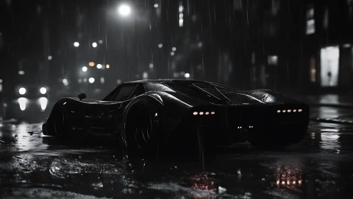 Midnight hypercar silhouette in cinematic rain-soaked street.
