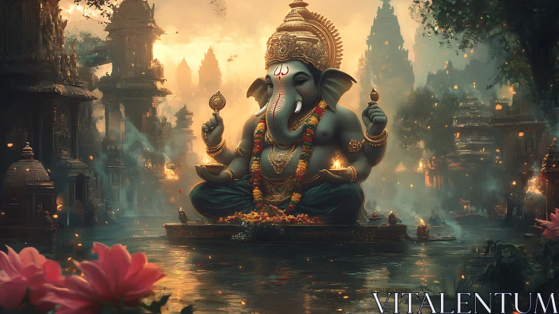 Lotus mist cradles luminous Ganesha in twilight waters