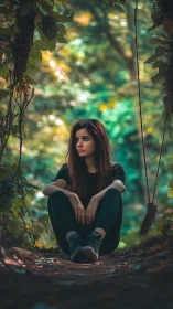 Pensive young woman sits beneath lush forest canopy.
