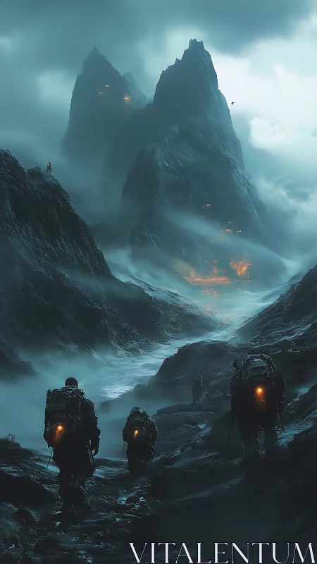 Heavily equipped hikers cross misty valley toward fiery cliffs