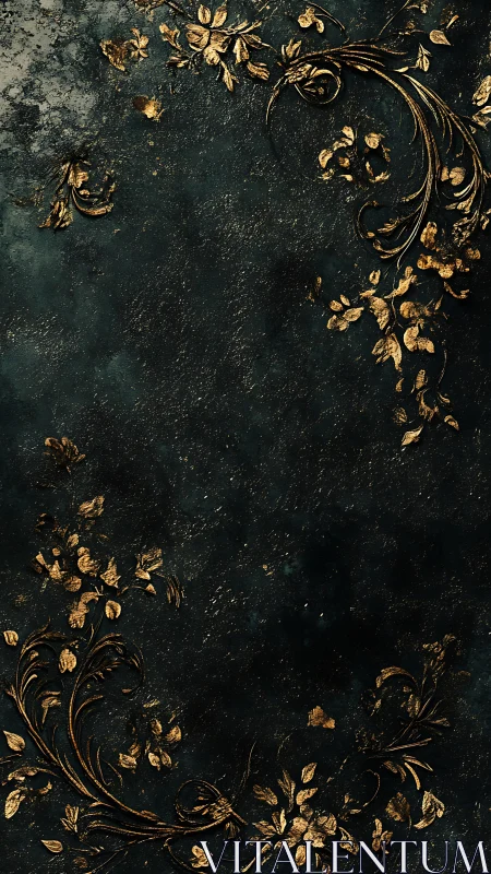 Oxidized teal field with gilded baroque botanical filigree.