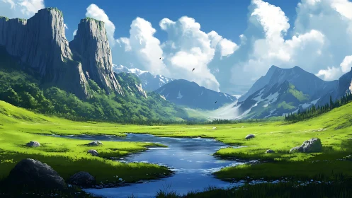 Digital landscape panorama with alpine river valley composition.