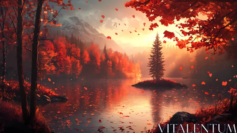 Autumn lake sanctuary amid fiery forest and soft sunrise.