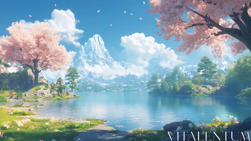 Serene alpine lake with cherry blossoms in radiant spring light.