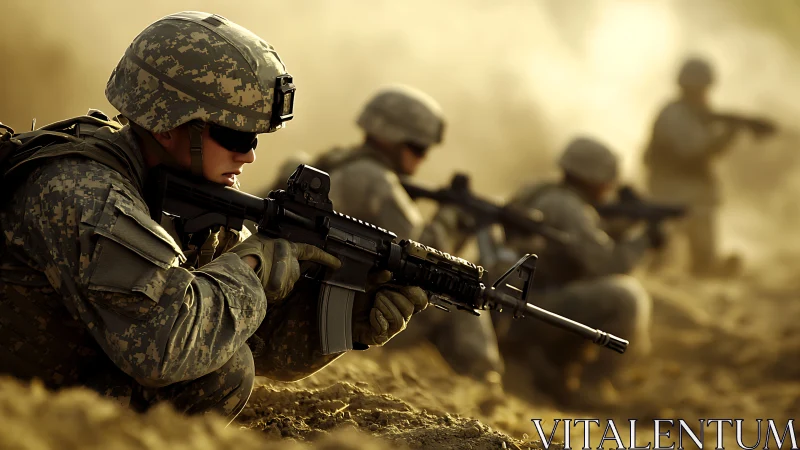 Soldiers moving through golden dust under tense desert light.