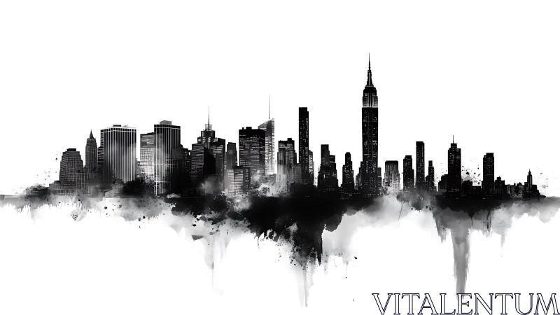 Monochrome ink skyline with dripping watercolor city silhouettes