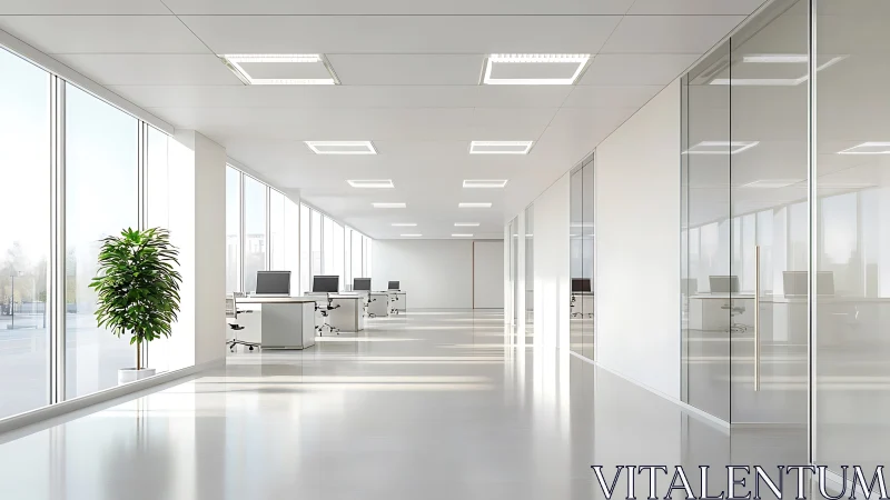 Sunlit minimalist office corridor with glass-partitioned workspaces.