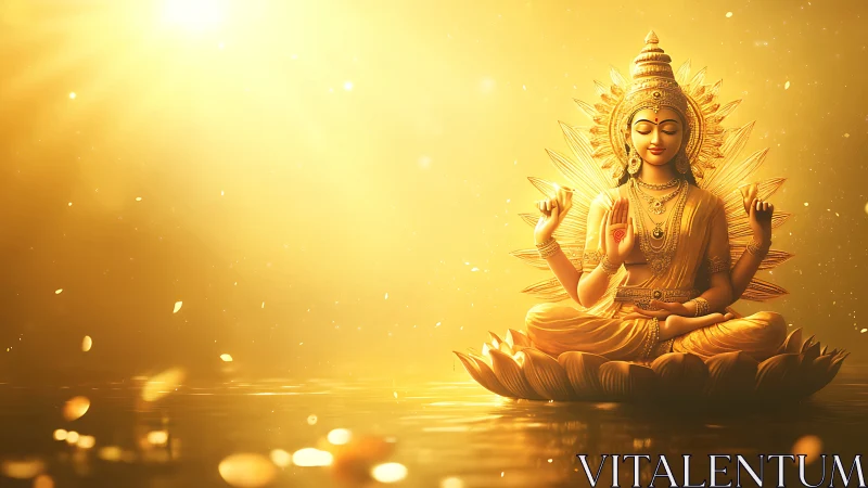 Golden multi-armed goddess statue seated on lotus.