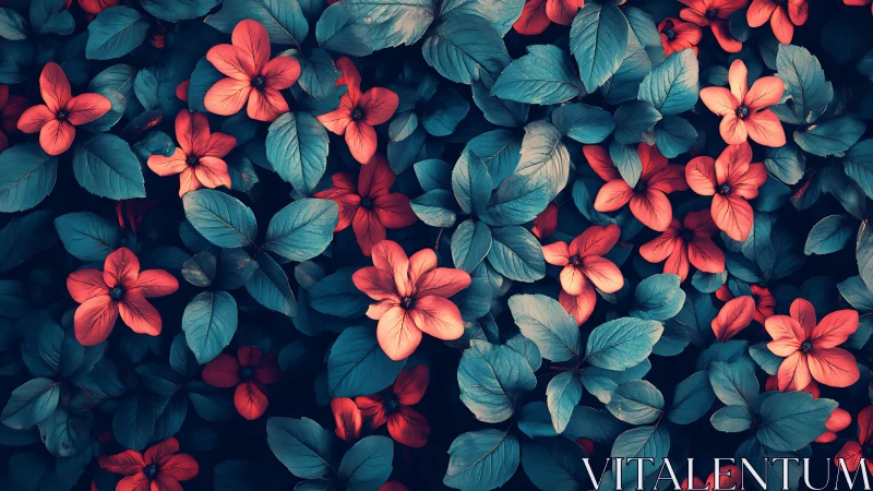 Digital painting of teal foliage and coral florals in tapestry layout.