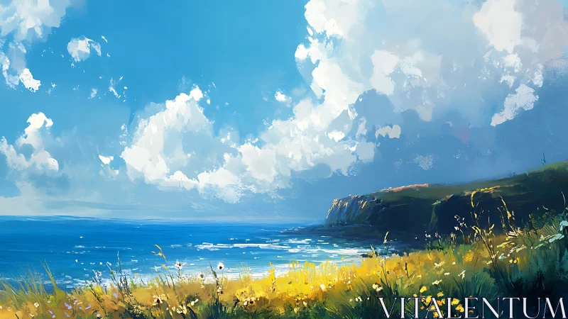 Coastal wildflower bluff overlooks a bright summer sea.