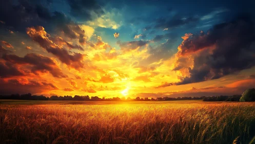 Sunfire horizon blazing over endless golden wheat fields.