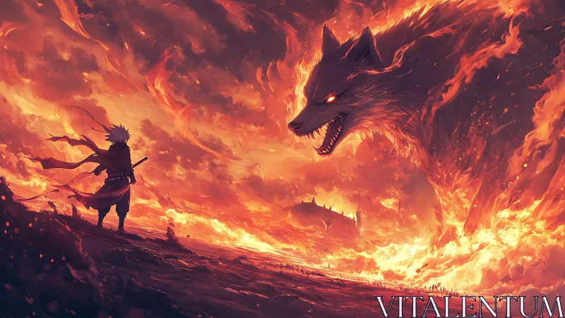 Silhouetted warrior confronts colossal dragon amid inferno landscape.