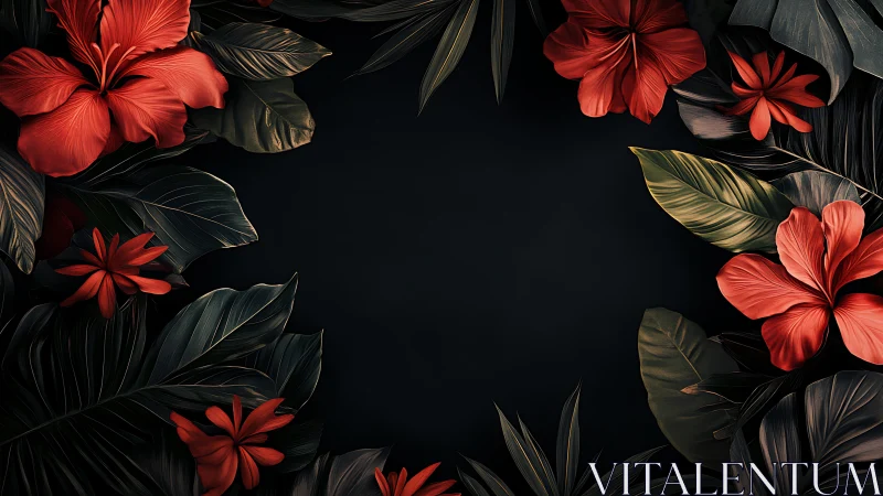 Red Flowers Frame Black Background with Dark Foliage