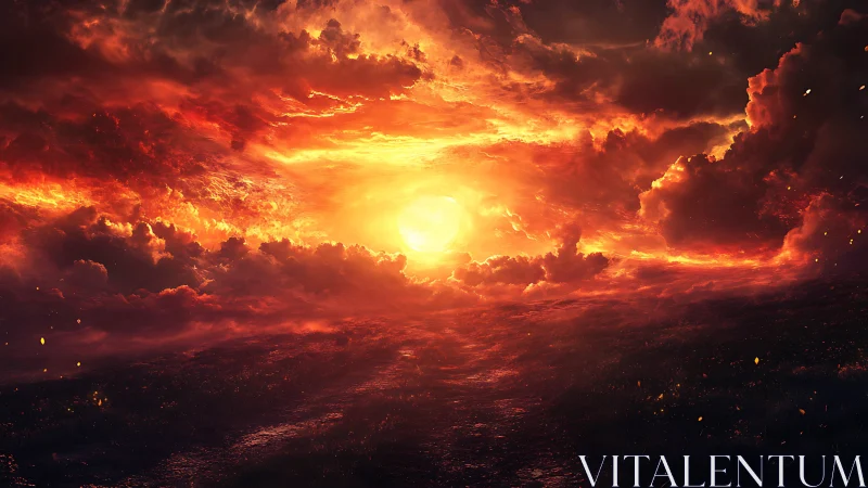 Infernal sunset sky over desolate burning landscape.