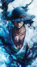 Dynamic anime swordsman amid turbulent blue energy currents