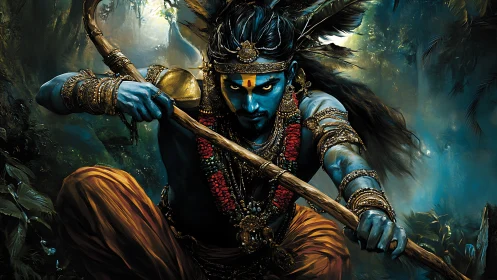 Mystical blue warrior poised in a lush enchanted jungle.