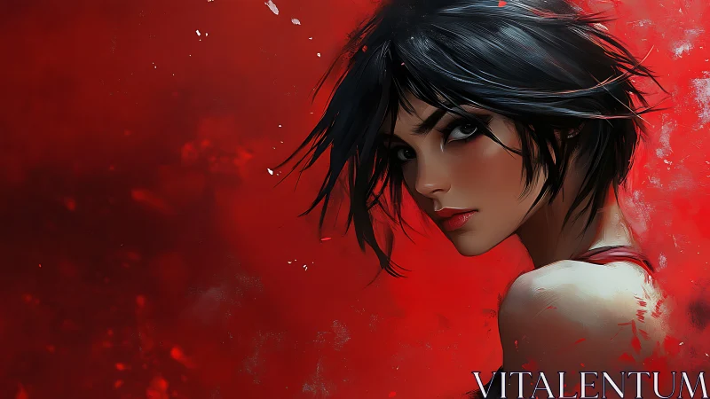 Dark haired woman against red abstract digital background.