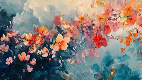 Abstract floral branches in layered blue and orange brushwork.