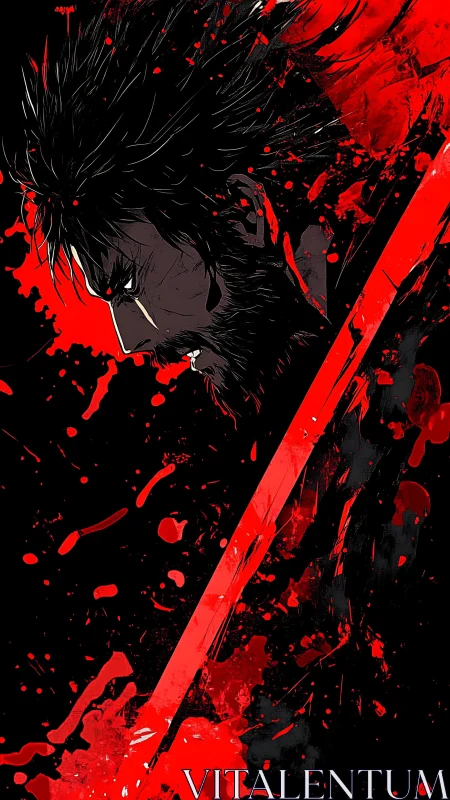 Brooding bladebearer carved from shadow and scarlet storm.