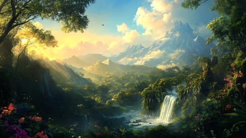 Sunlit mountain valley shows dense forest and waterfall