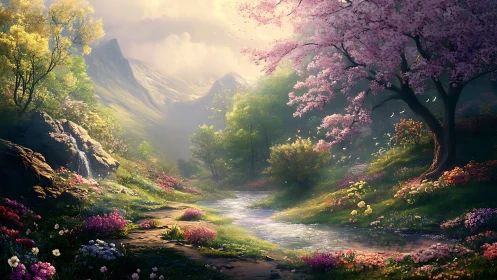 Luminous spring valley stream under flowering cherry canopy.