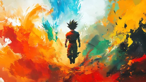 Silhouetted fighter floating amid vivid abstract clouds.