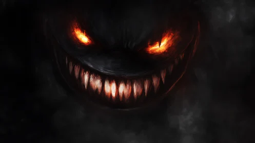 Demonic face with glowing eyes and teeth in dark smoke field.