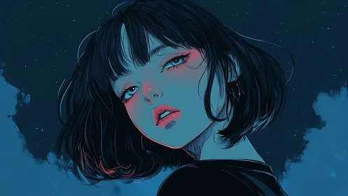 Stargazing girl in neon midnight, lips bright with secrets.