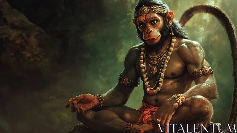 Regal monkey deity in meditative seated forest pose.