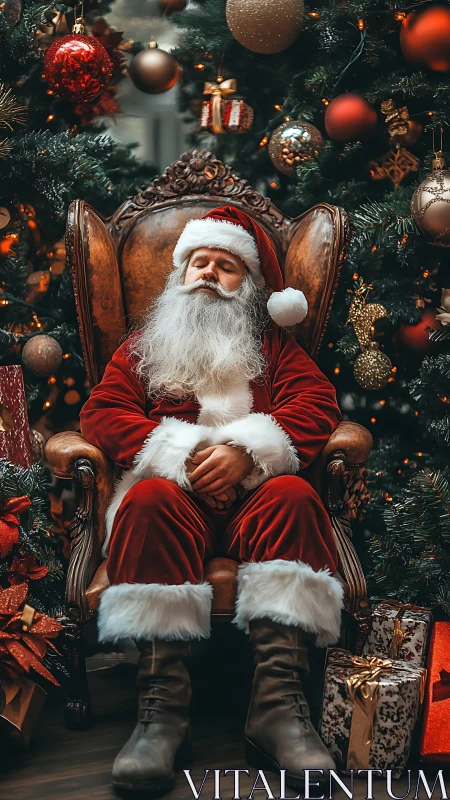 Santa Claus rests in ornate chair amid glowing tree lights.
