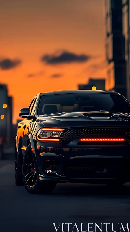 Black muscle SUV glows under vibrant urban sunset sky.