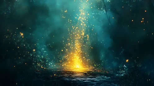 Golden Light Breaks Through Misty Enchanted Forest