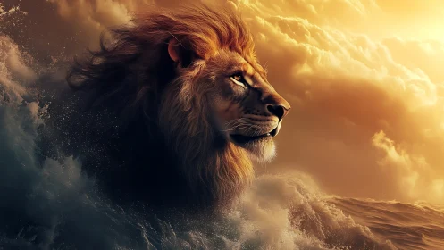 Majestic lion emerging from stormy ocean under golden clouds