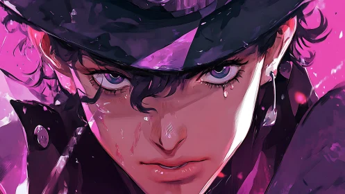 Storm-eyed rebel under neon rain, gaze sharpened to steel.