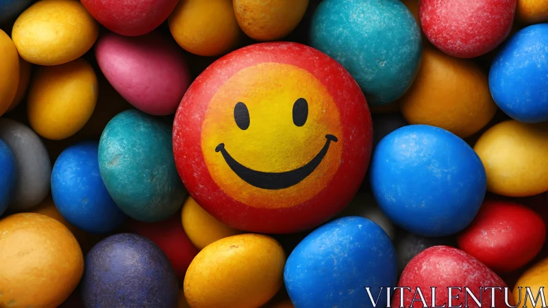 Vibrant Smiley Face Sphere Amid Multicolored Ball Cluster Composition