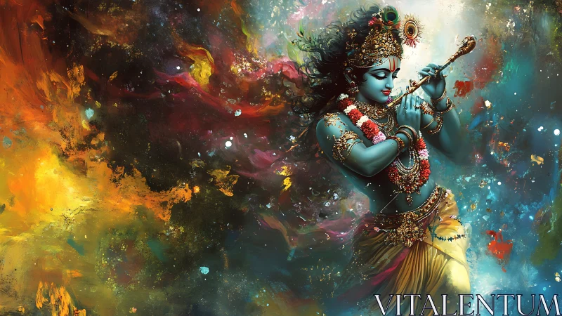 Divine musician figure in ornate attire amid abstract colors.